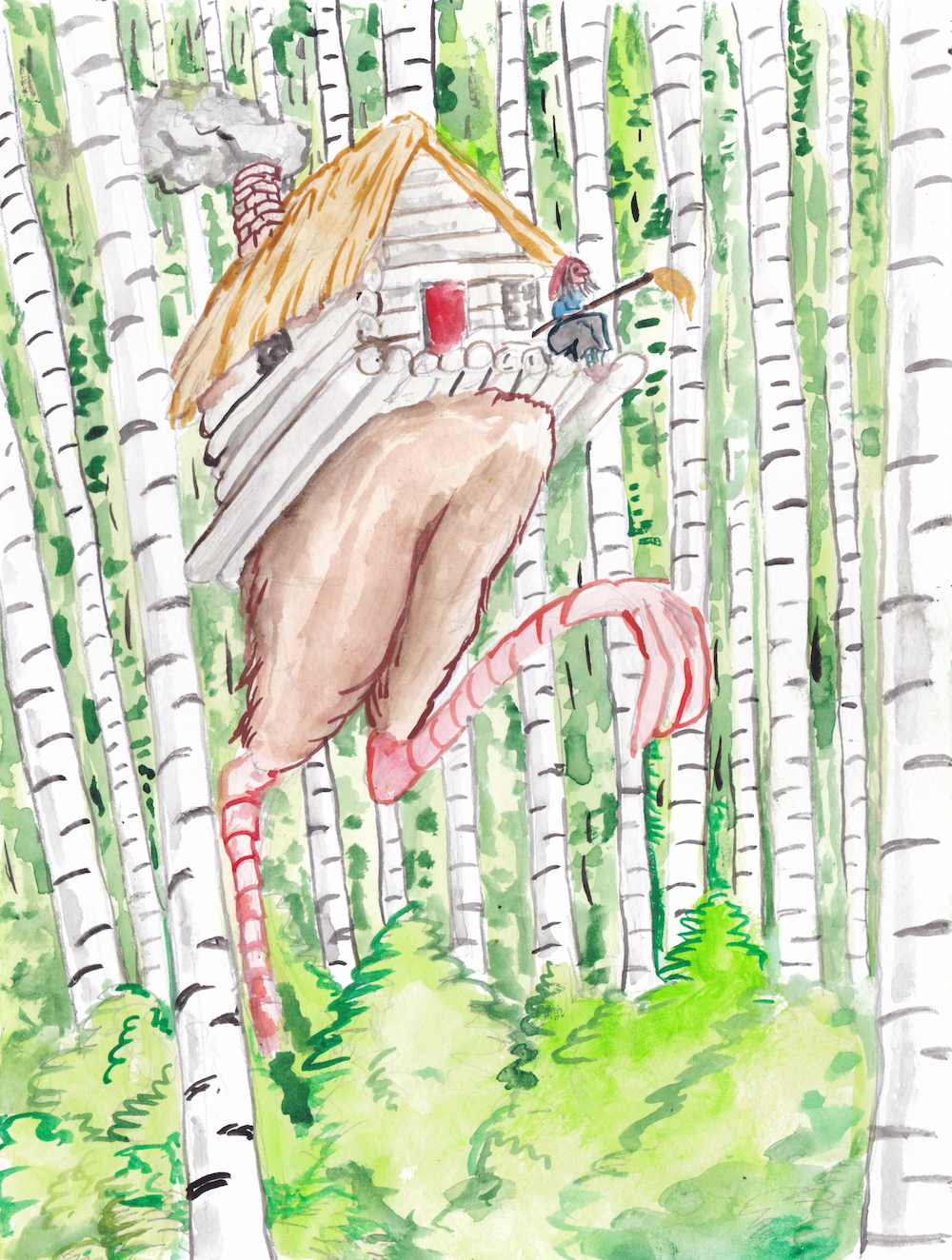 halloween birch forest baba yaga cottage with chicken legs everwood illustration watercolor