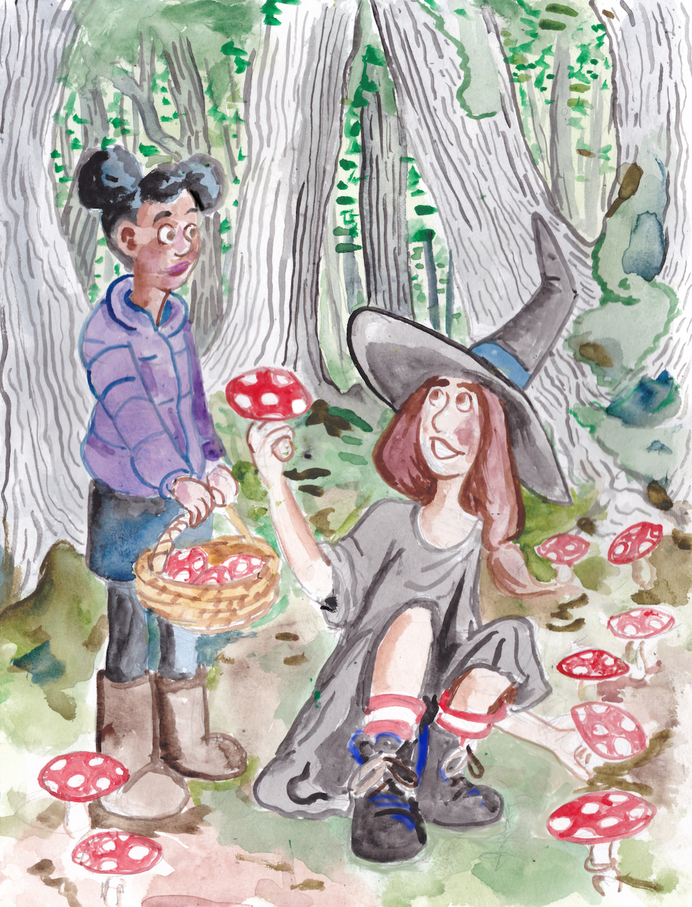 forest everwood halloween girls trees mushrooms basket witch watercolor illustration