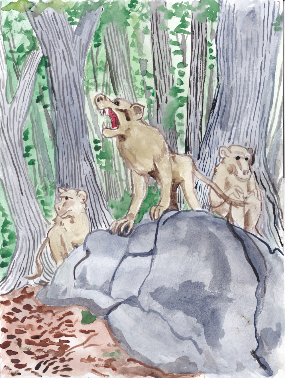 everwood halloween forest creature baboon troupe monkey trees watercolor illustration