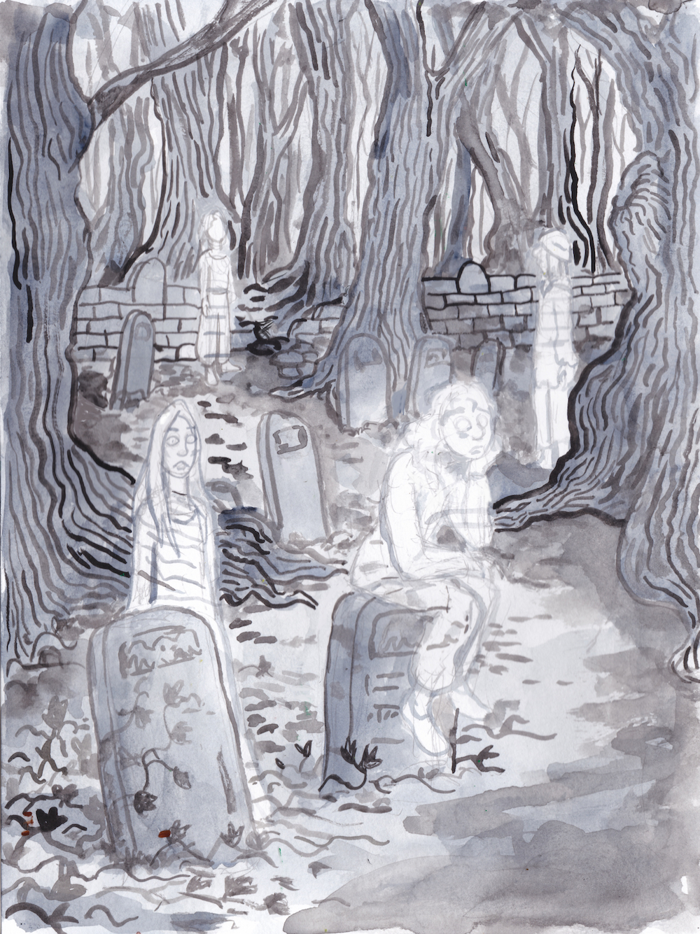 Everwood night forest halloween cemetery graveyard ghosts trees watercolor illustration monochrome