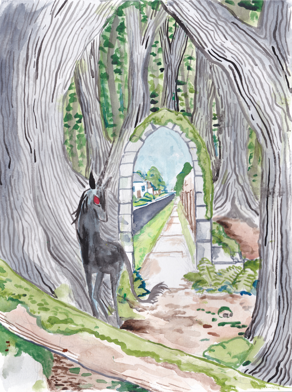 everwood halloween arch doorway portal ruins unicorn forest trees watercolor illustration