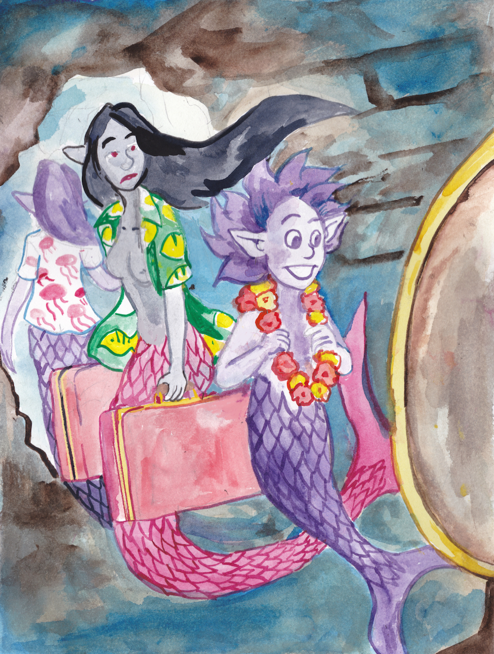 watercolor, mermaids vacation hawaii lei, sisters mermay