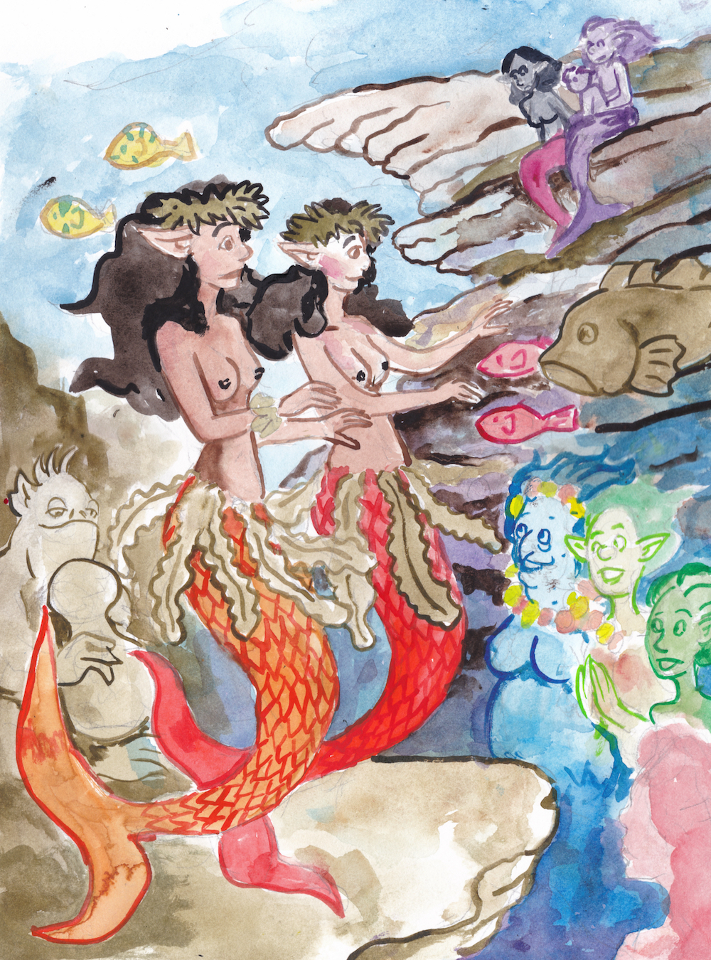 mermay mermaids hawaii hula dancers watercolor