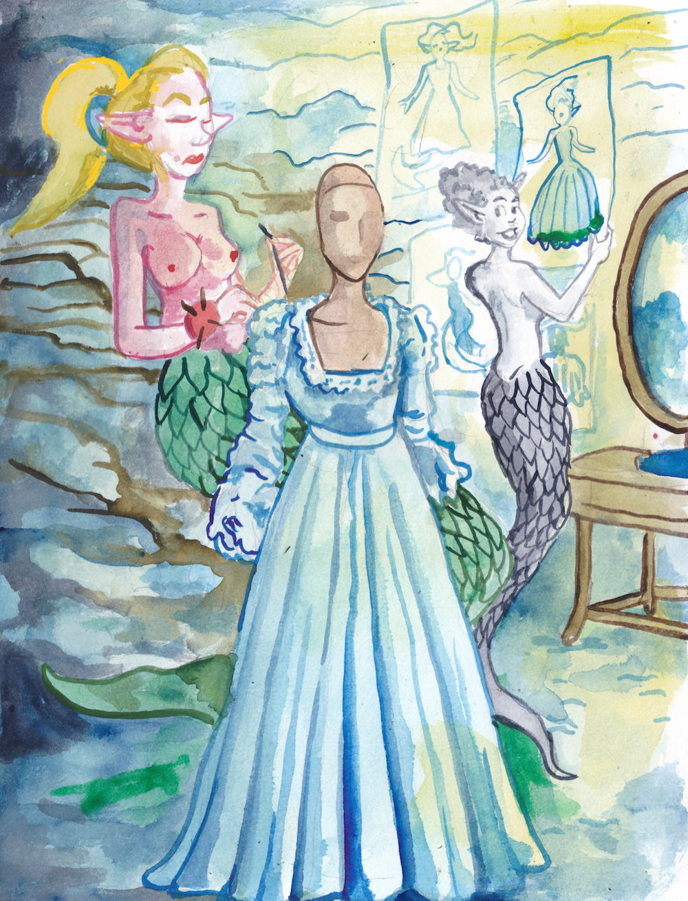 mermay, dressmaking couture mermaids sewing illustration watercolor