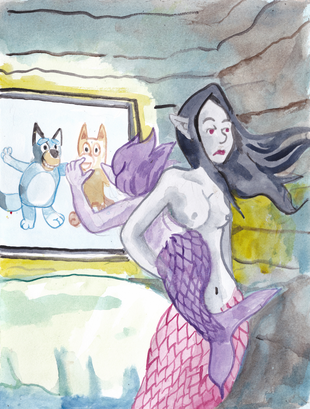 watercolor mermay 2024 mermaids cartoons bluey siblings illustration