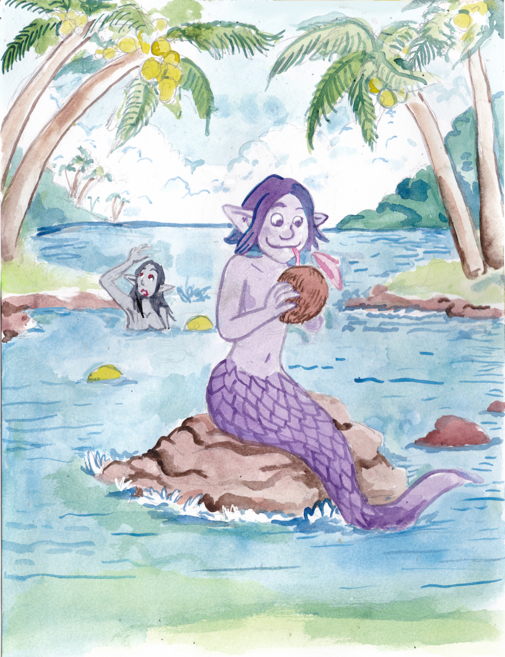 mermay 2024 mermaids coconuts palm trees hawaii drink watercolor illustration