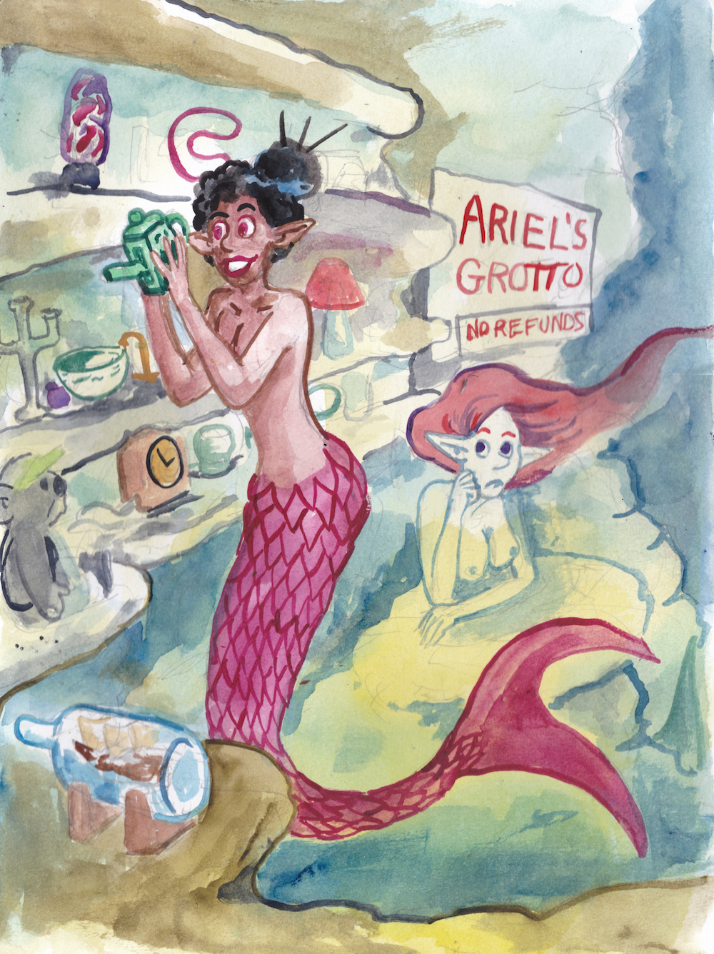 Mermay 2024 mermaids antique store antiques grotto jade teapot illustration watercolor