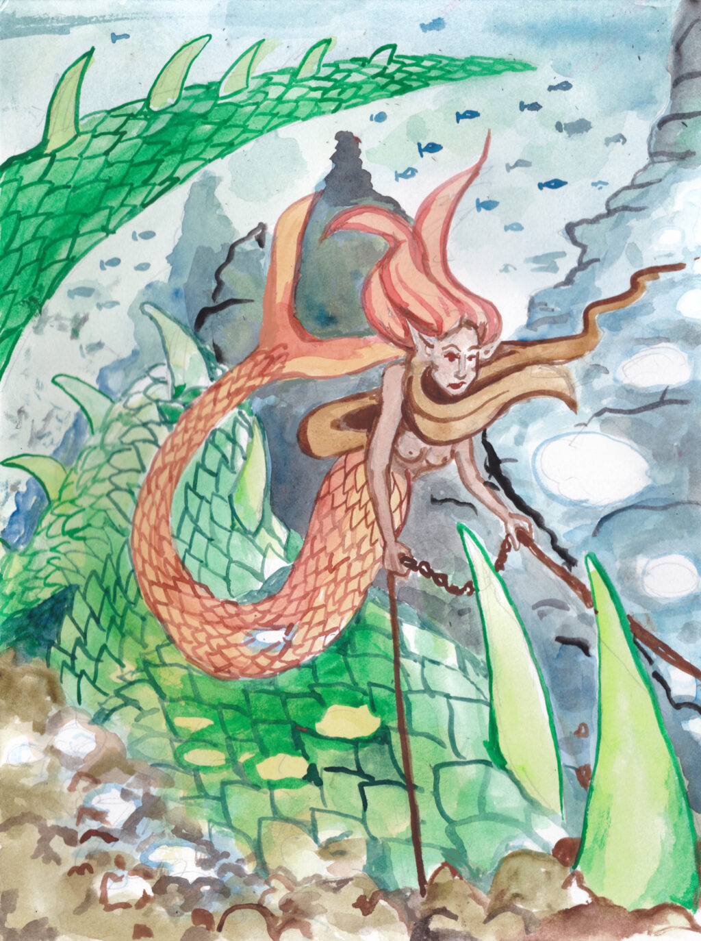 mermay 2024 mermaid sea serpent riding watercolor illustration