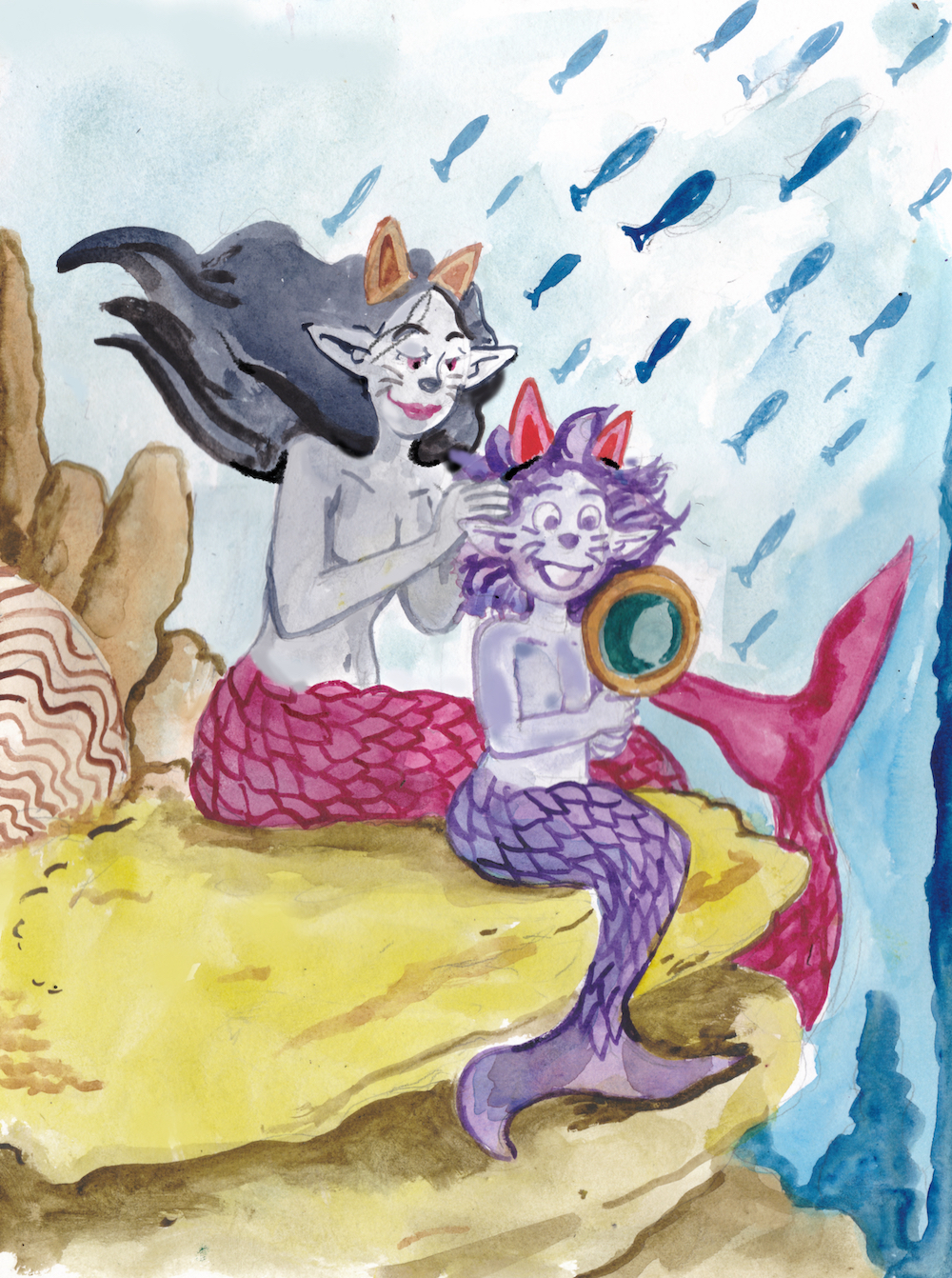 mermay 2024 illustration watercolor  sisters feline cat ears coral reef