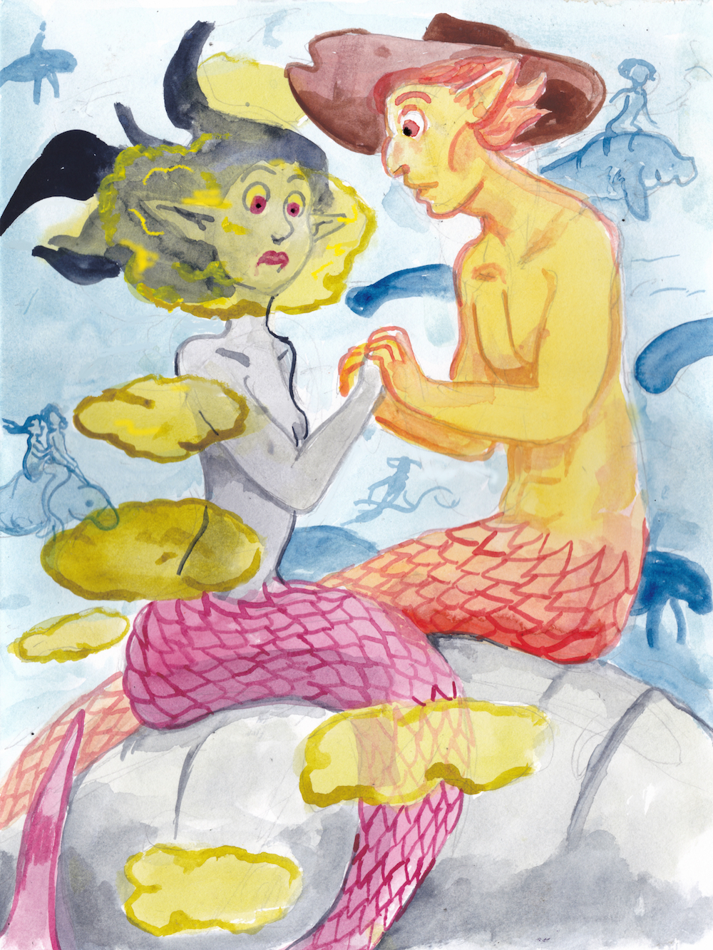 Mermay 2024 illustration watercolor mermaid merman relationships merfolk sea cows fart date gas