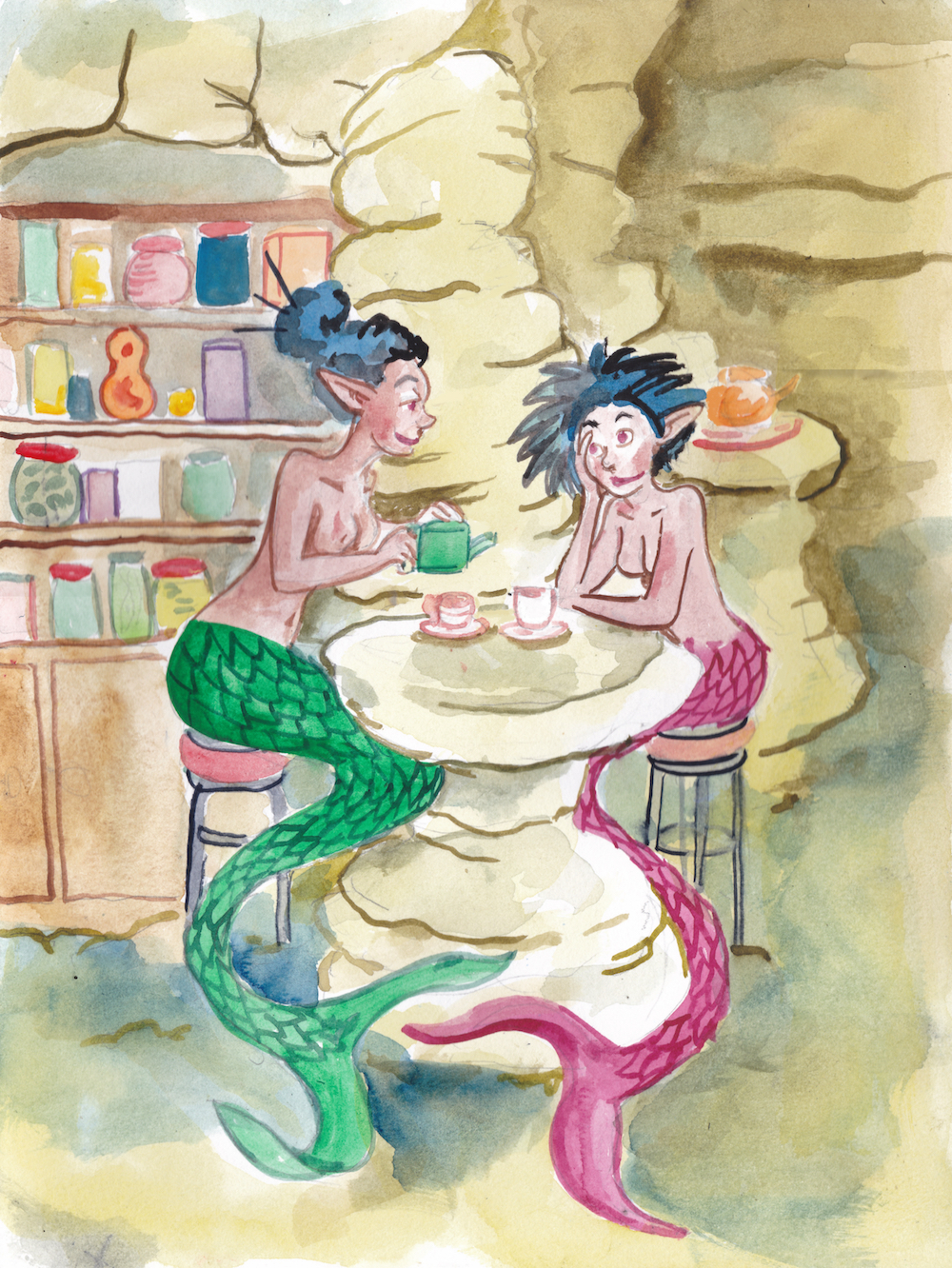 mermay 2024 mermaids tea jade teapot kitchen cave watercolor illustration