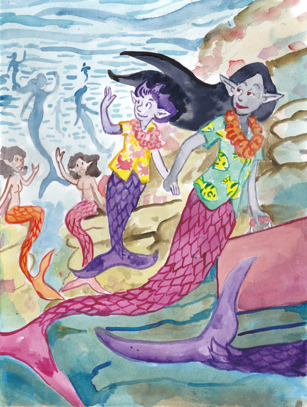 mermaids hawaii vacation sisters mermay 2024 watercolor illustration